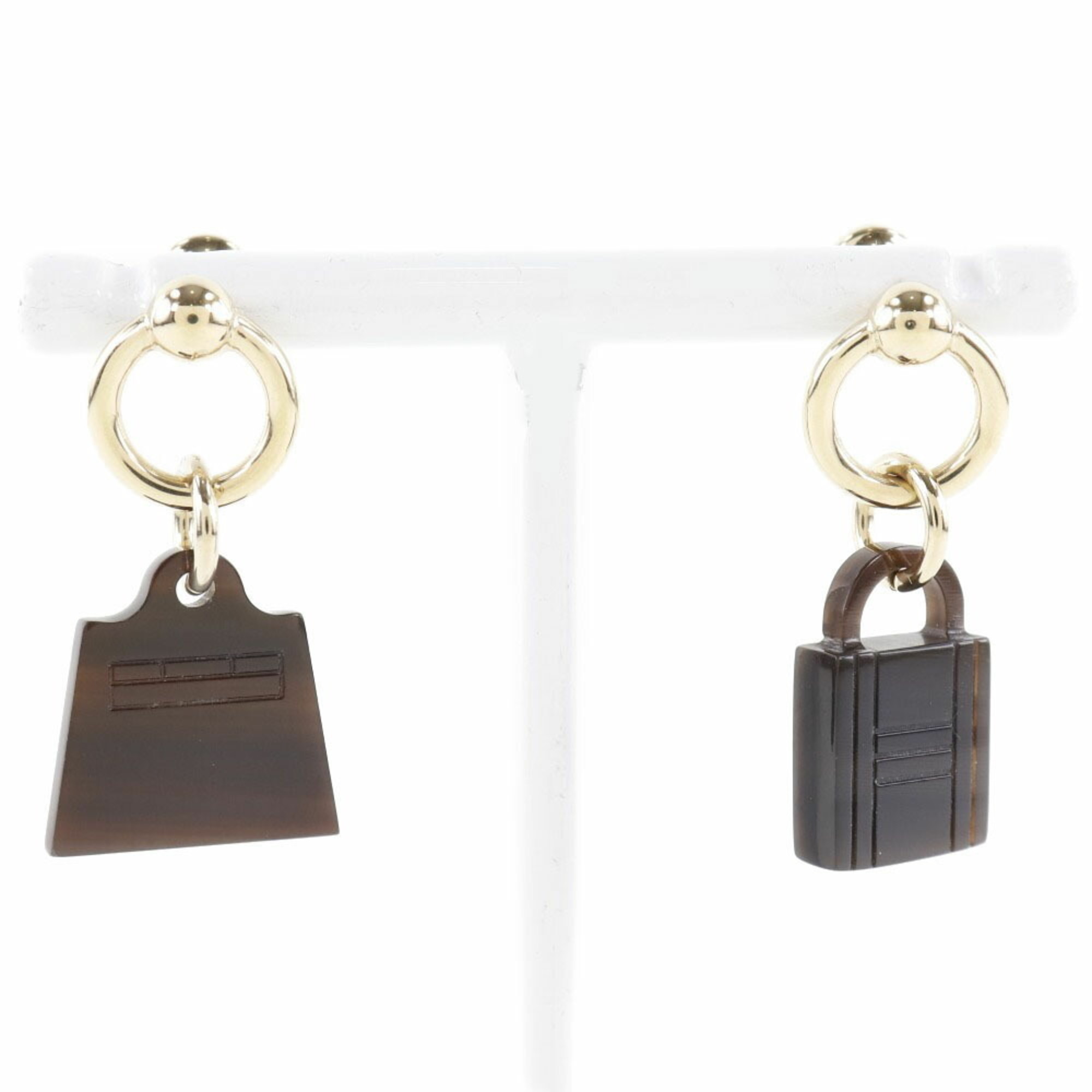 Hermes Amulet Buffalo Horn X Gold Plated Brown Ladies Earrings